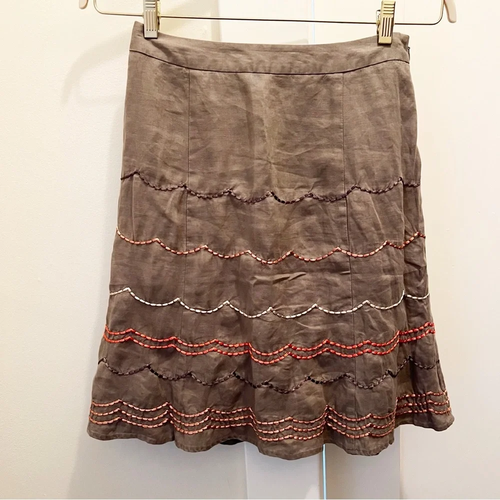 Boden Taupe‎ Brown A Line Skirt Size 6R Linen Embroidered Zip Lined
